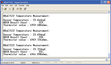 Figure 4: Output of HyperTerminal communication port viewing application.
